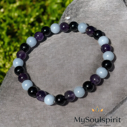 Kinderarmband "Symbol für Ruhe und Klarheit" - aus Anhydrit, Amethyst und Bergkristall 13 - 16 cm