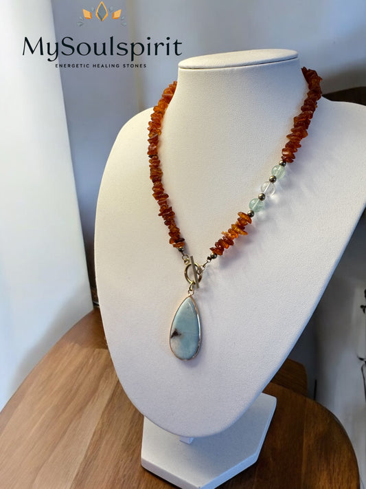 Echte Bernstein Halskette mit Fluorit-Perlen und Amazonit Anhänger
