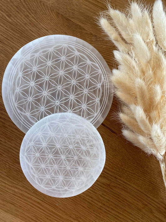 SELENIT Ladeplatte & Untersetzer 10 cm Motiv "Blume des Lebens" - Aufladung & Reinigung