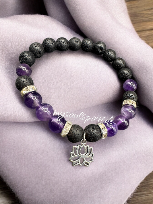 Lava Amethyst Armband mit Lotusblüte 8 mm silberfarben