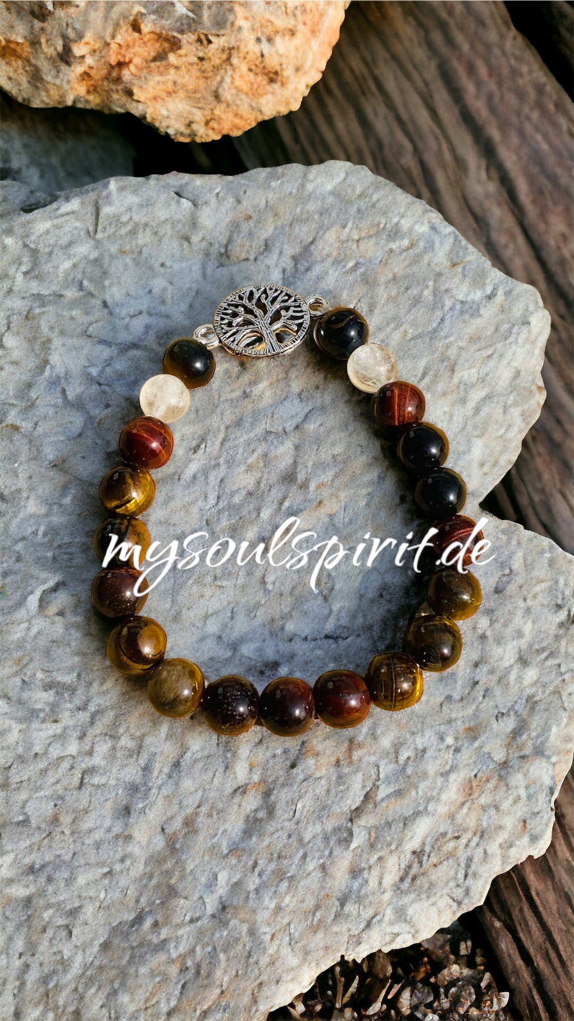 TIGERAUGE/ BERGKRISTALL  Armband mit Baum des Lebens Charm