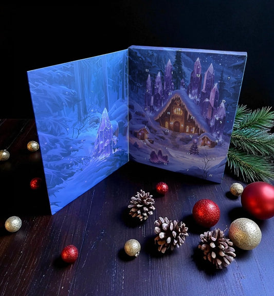 Das Foto zeigt den Adventskalender von mysoulspirit aufgeklappt. Im Inneren sieht man die 24 einzelnen Türchen hinter denen sich unsere Schätze verstecken.